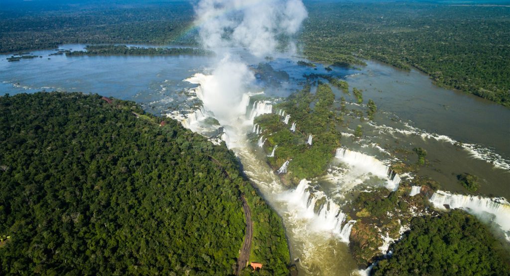 Aerial View of Iguazu Falls one of the world's great natural wonders, on the border of Brazil and Argentina