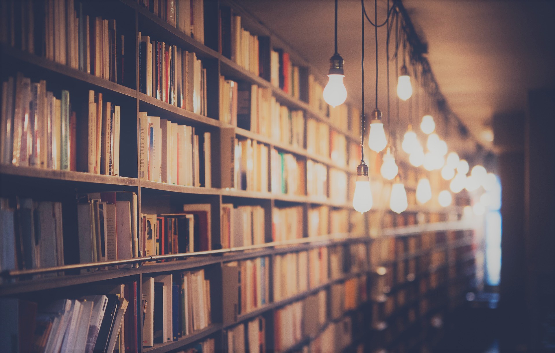 une bibliothèque éclairée par des lampes