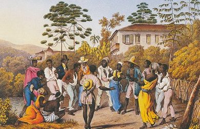 Gravure du Brésil colonial avec des noirs dansant la batuque.