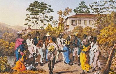 Gravure du Brésil colonial avec des noirs dansant la batuque.
