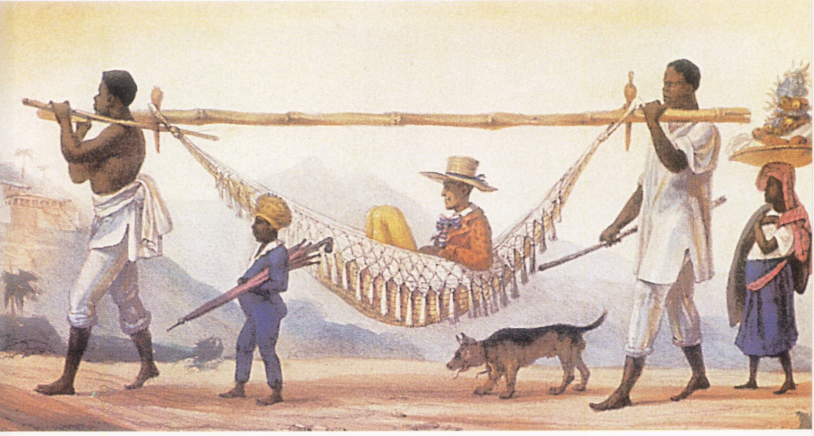 Gravure: esclaves noirs transportant un colon dans un hamac.