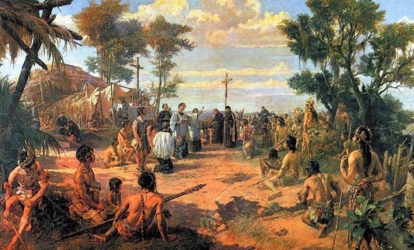 tableau culte catholique colonial en plein air au Brésil.