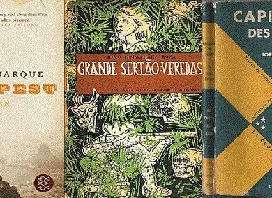 Couverture 1ere édition des livres budapest de Chico Buarque, capitaine des sables de Jorge Amado et Grande sertão : veredas de João Guimarães Rosa.