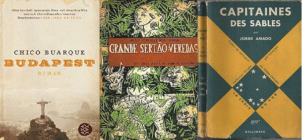 Couverture 1ere édition des livres budapest de Chico Buarque, capitaine des sables de Jorge Amado et Grande sertão : veredas de João Guimarães Rosa.