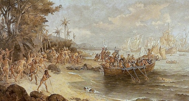 peinture scène de découverte du Brésil par les portugais.