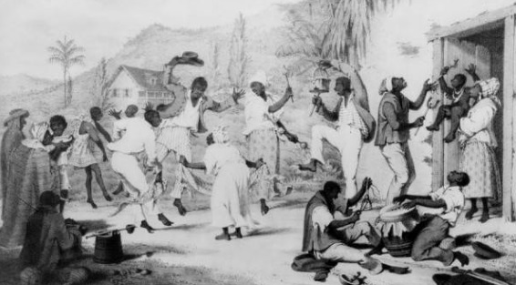 Gravure anciennes scène d'esclaves pratiquant un rituel du Candomblé.