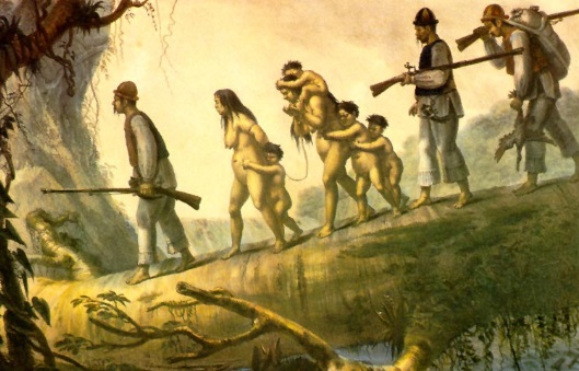 indiens capturés par des colons dans la forêt au Brésil.