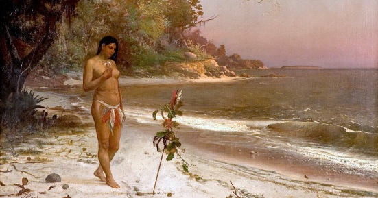 Tableau avec Iracema une indienne sur une plage face à une flèche plantée dans le sable.