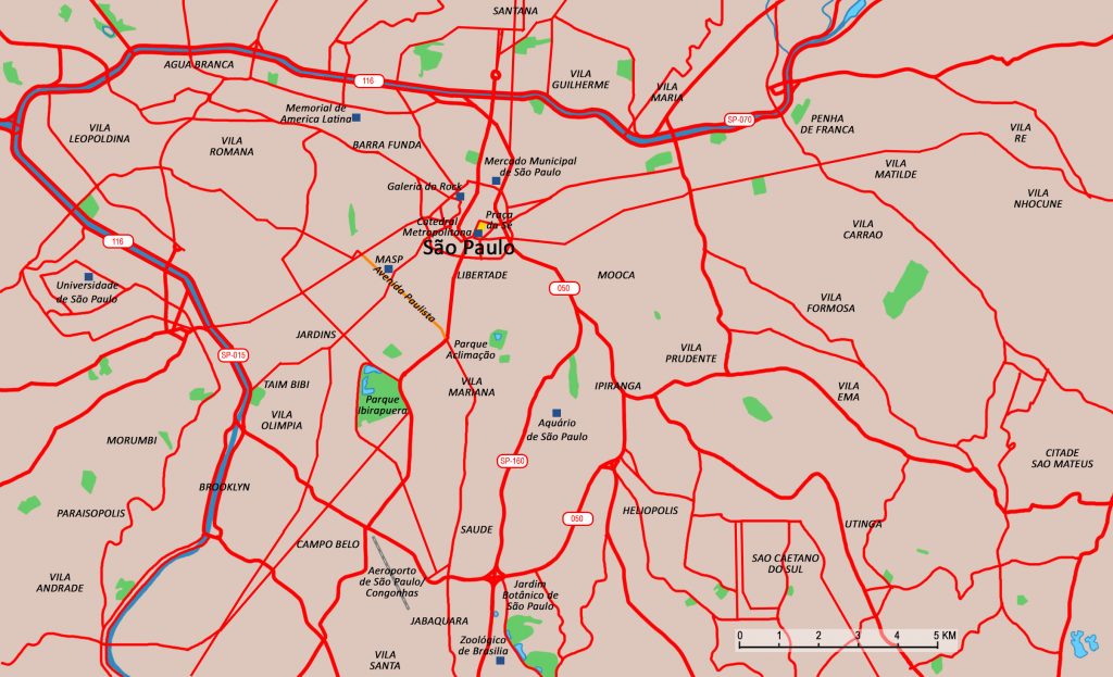 carte du centre de Sao Paulo avec le principaux points marquants.