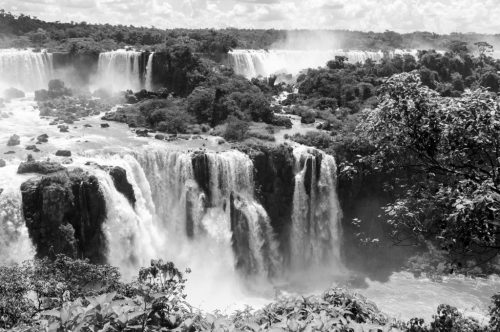 vue large des chutes d'iguaçu et de la forêt en noir et blanc
