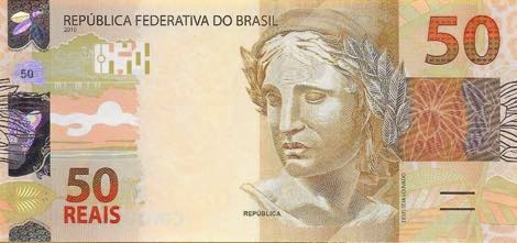 Face de billet de banque de 50 reais du Brésil.