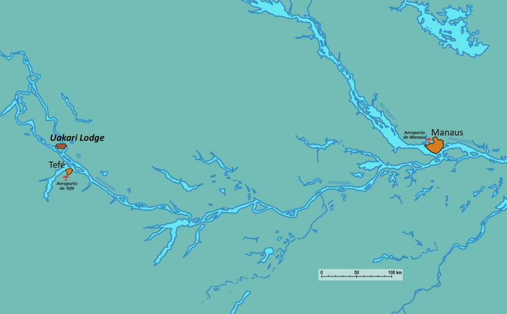 Carte de localisation du Uakari lodge en Amazonie au Brésil.