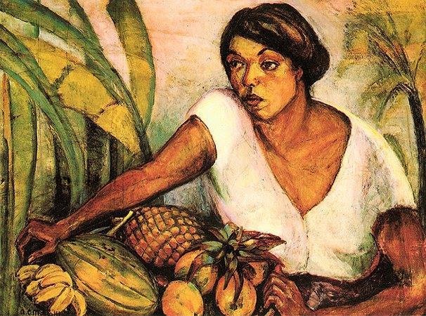 Tableau de Anita Malfatti représentant une femme avec une corbeille de fruits exotiques au Brésil.