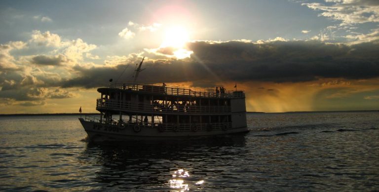 Vue du bateau naviguant sur le rio Negro le matin.