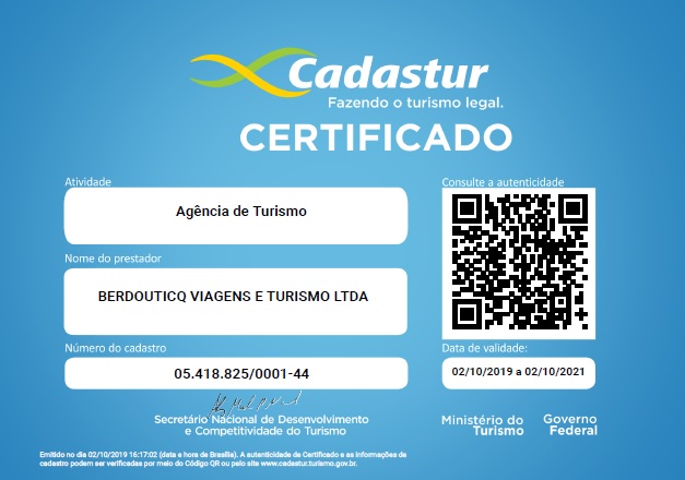 Certificat d'enregistrement au ministère du tourisme de Brazil Selection