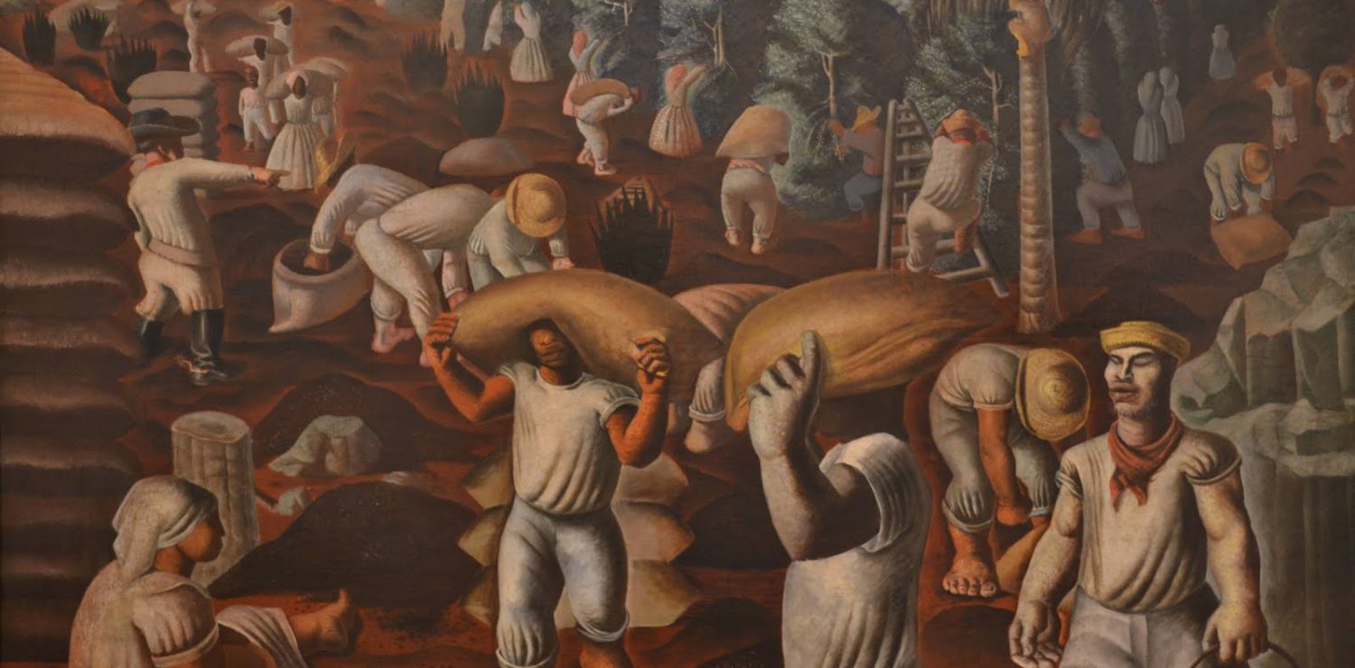 Peinture de l'artiste brésilien Candido Portinari représentant une scène de travail agricole du café.