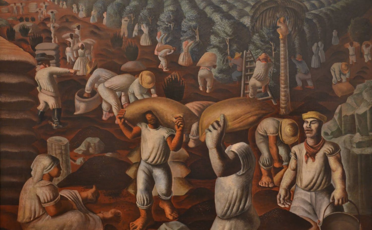 Peinture de l'artiste brésilien Candido Portinari représentant une scène de travail agricole du café.