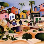 Tableau cubiste brésilien representant une scène villageoise.