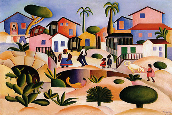 Tableau cubiste brésilien representant une scène villageoise.