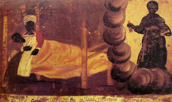 Peinture ex-voto baroque au Brésil représentant une personne alitée et Saint Benoit.