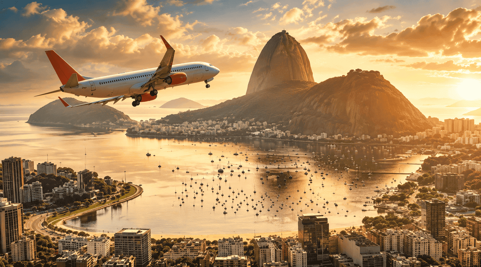 Avion commercial volant au-dessus de Rio de Janeiro au coucher du soleil avec vue sur le mont du Pain de Sucre et la baie.