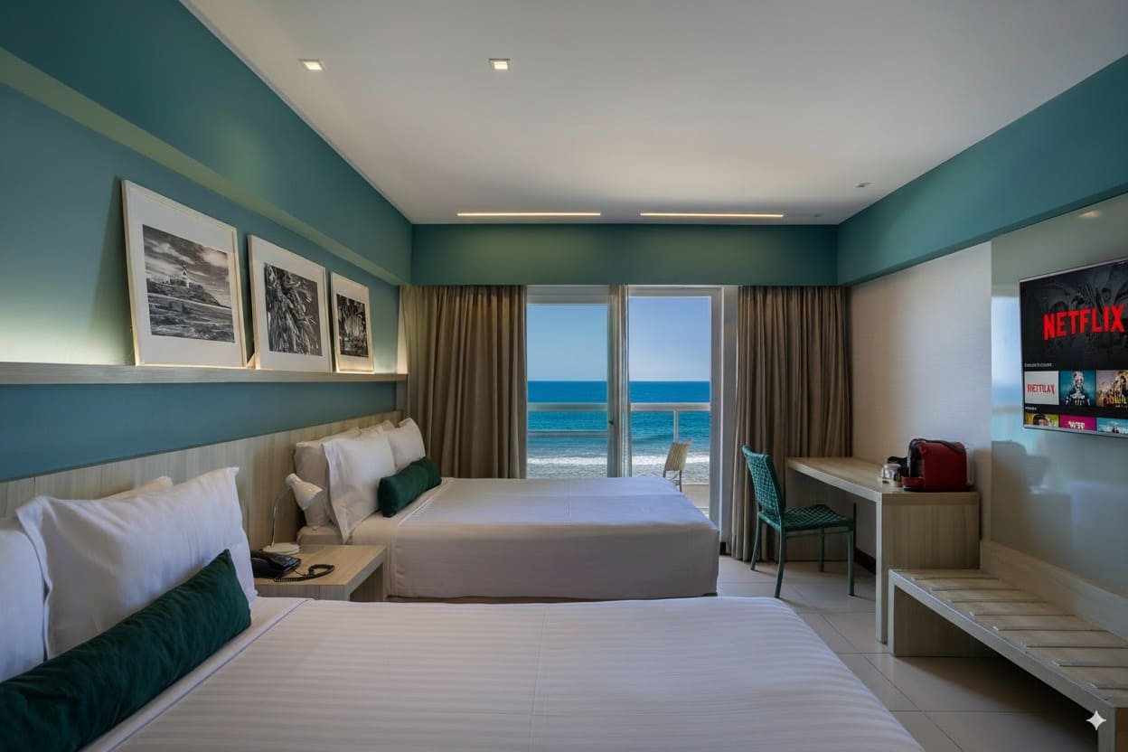 Intérieur d'une chambre d'hôtel moderne avec deux lits jumeaux, des draps blancs et des coussins verts. Un mur est bleu sarcelle avec des photos en noir et blanc. Un bureau avec une chaise verte et une TV Netflix sont sur la droite. Une grande fenêtre au fond donne sur un balcon et la mer. L'éclairage est encastré et doux.